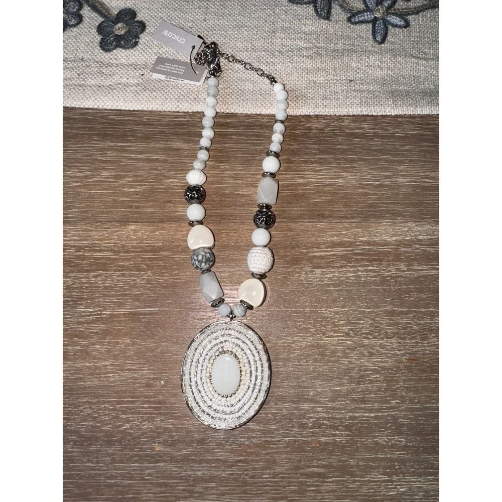 Chicos‎ White Beaded Necklace with Oval Pendant Statement Jewelry